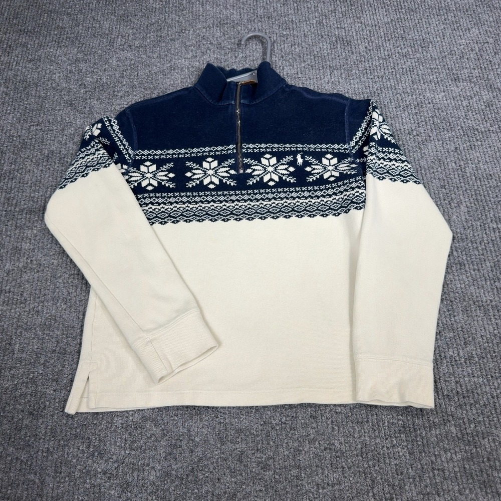 Polo Ralph Lauren Sweater Boys L Blue‎ White Fair Isle Quarter Zip Snowflake